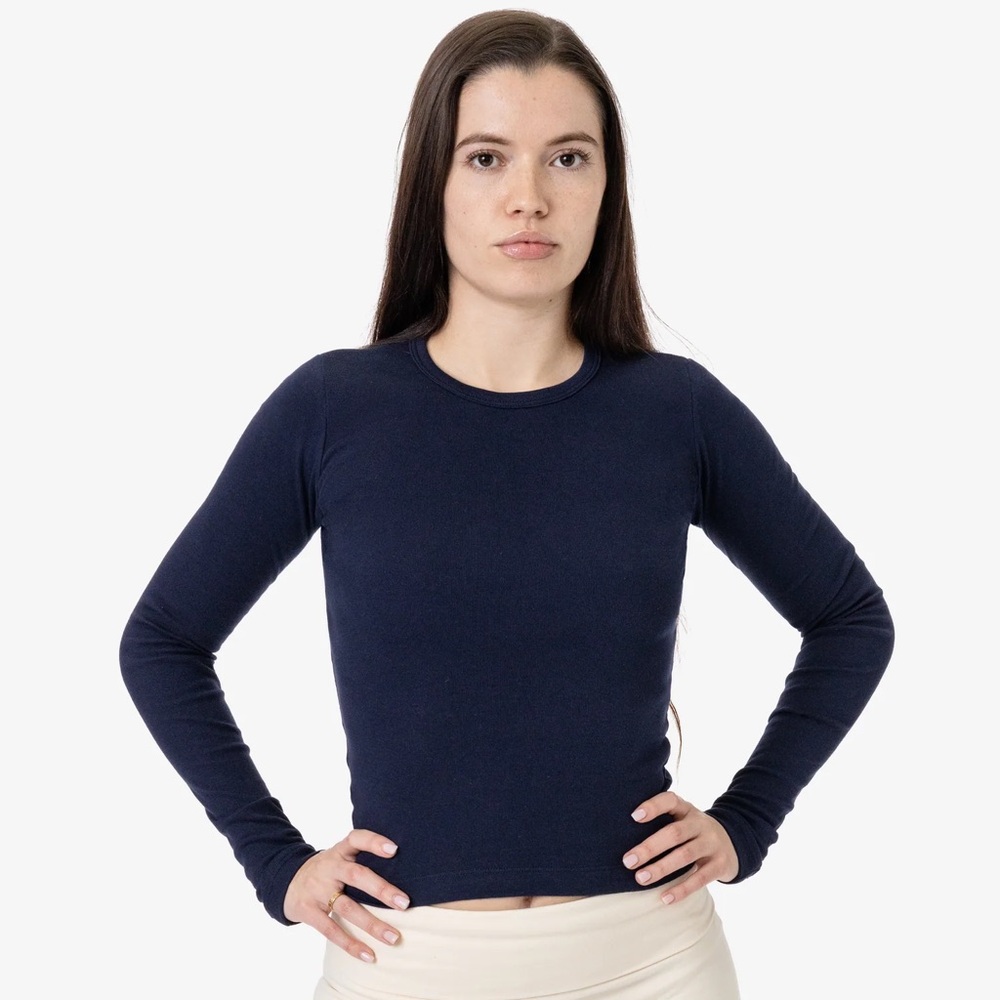 LA Apparel Baby Rib Long Sleeve Crewneck Top Navy Medium NWOT